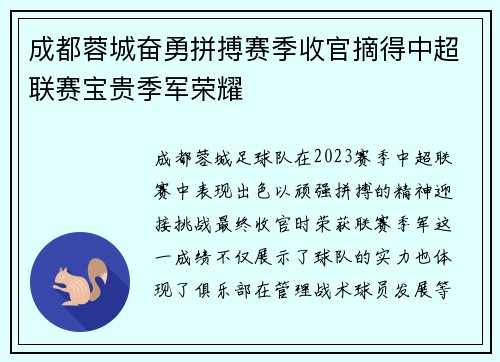 成都蓉城奋勇拼搏赛季收官摘得中超联赛宝贵季军荣耀